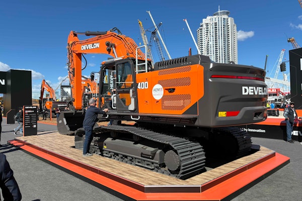 The new DX400LC-9 is the largest of Develon's next-gen lineup — seen here at ConExpo 2026 — at 95,000 pounds and 340.6 gross horsepower.