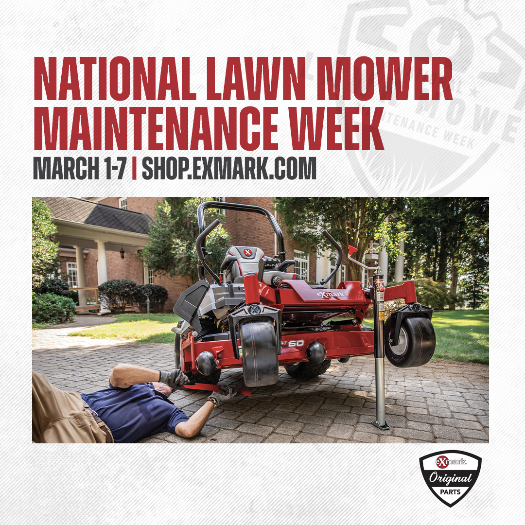 Technician performing maintenance on red Exmark zero-turn mower during National Lawn Mower Maintenance Week promotion