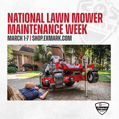 Technician performing maintenance on red Exmark zero-turn mower during National Lawn Mower Maintenance Week promotion