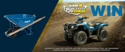 Jackson 150 Years anniversary promotional banner featuring blue wheelbarrow and ATV contest giveaway