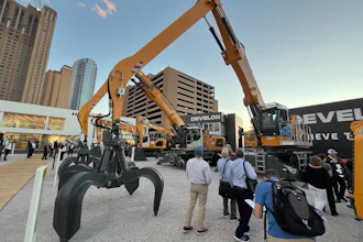 The all-new electric Liebherr LH 60 M Industry E material handler debuted at ConExpo 2026 in Las Vegas.