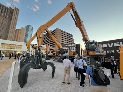 The all-new electric Liebherr LH 60 M Industry E material handler debuted at ConExpo 2026 in Las Vegas.
