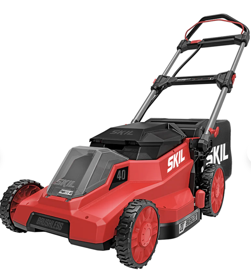SKIL 40V cordless lawn mower with red and black design, featuring brushless motor and adjustable handle