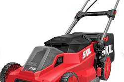 SKIL 40V cordless lawn mower with red and black design, featuring brushless motor and adjustable handle