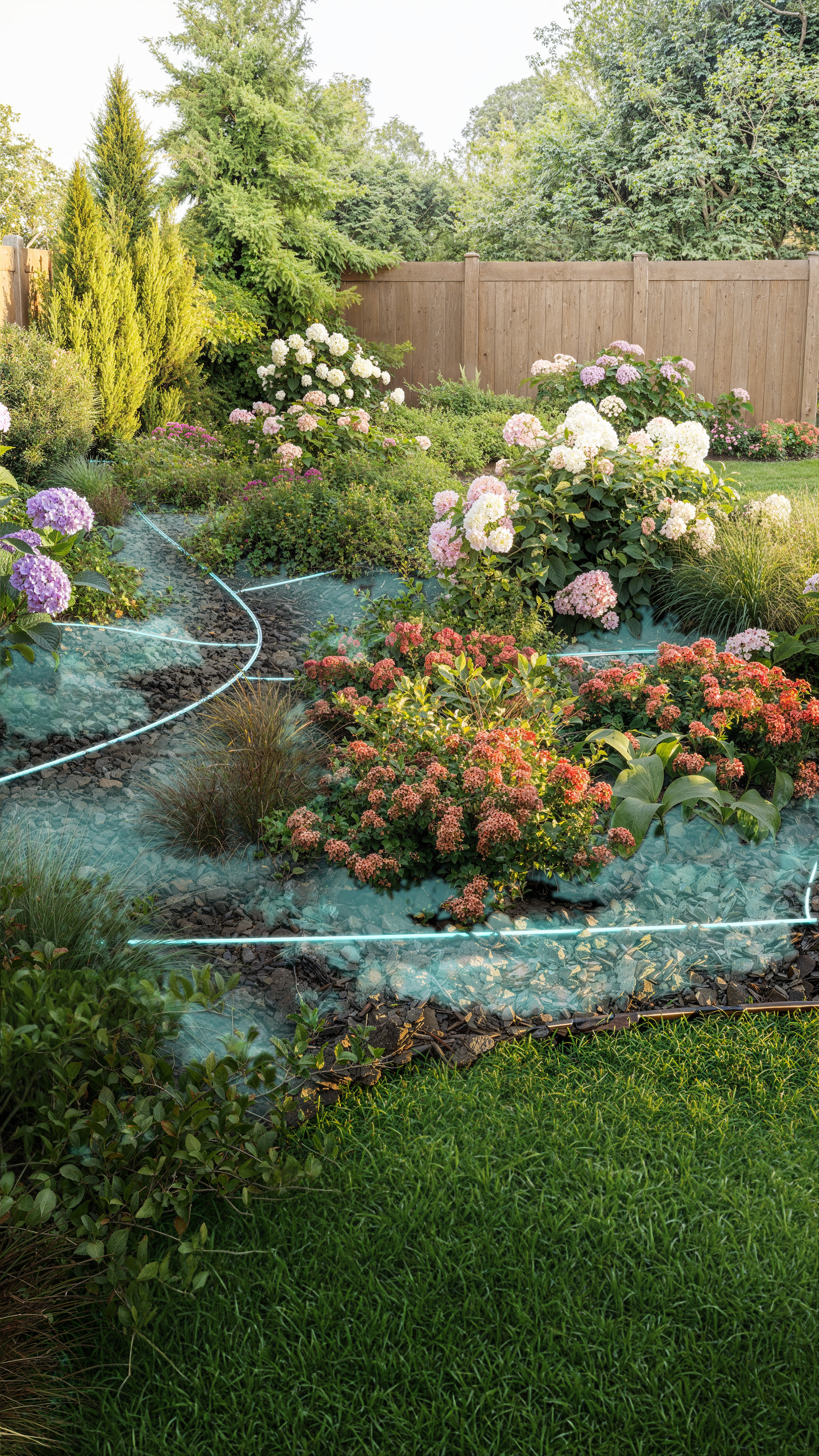 Lush backyard garden with pink and white hydrangeas, coral-colored sedum flowers, ornamental grasses, and evergreen shrubs bordered by blue landscape fabric and wooden fence.