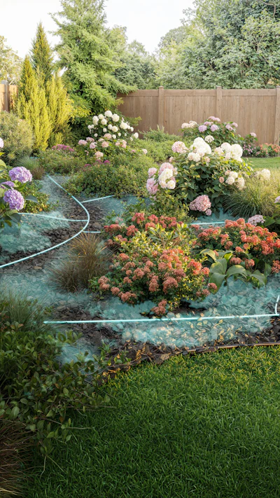 Lush backyard garden with pink and white hydrangeas, coral-colored sedum flowers, ornamental grasses, and evergreen shrubs bordered by blue landscape fabric and wooden fence.