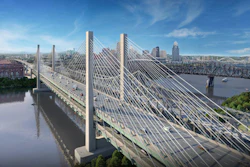 A July 2025 rendering of the future Brent Spence Bridge corridor shows the northbound crossing of the Ohio River into Cincinnati.