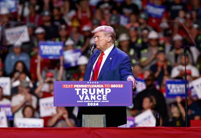 U.S. President Donald Trump at a 2024 rally prior to his second presidential election victory.