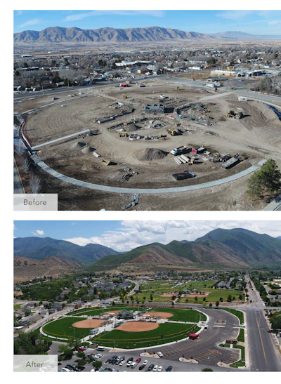 Before and after shots of Kenny Seng Construction's project on the Hillman Fields Baseball Complex in Payson, Utah.