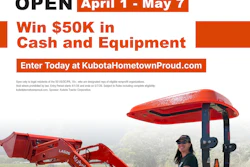 Kubota Hometown Proud 2026 Grant Program call for entries with $50K prize, open April 1 to May 7, featuring red farm equipment and operator
