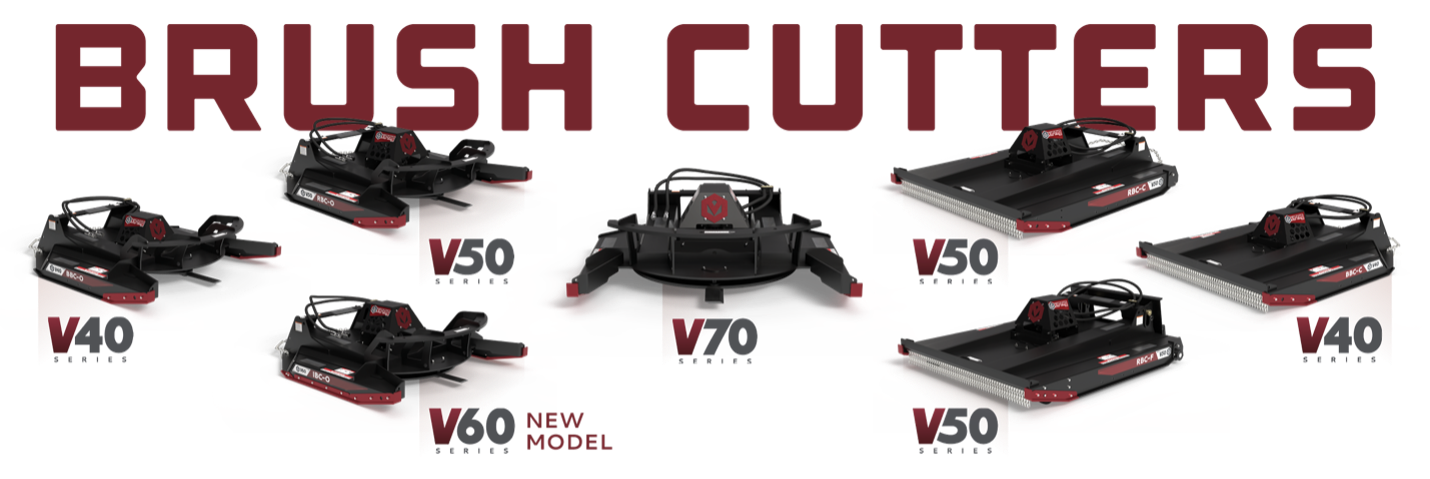 Brush cutter product lineup showing V40, V50, V60 new model, and V70 handheld cutting equipment