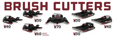 Brush cutter product lineup showing V40, V50, V60 new model, and V70 handheld cutting equipment