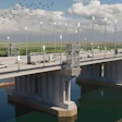 Architectural rendering of a modern bridge toll plaza with vehicles, tall white poles, and green waterway below under cloudy sky.