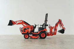 Red and black telehandler boom lift with articulated arm and bucket attachment on concrete surface