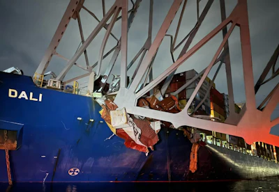 The ship Dali seen shortly after its March 2024 collision with the Baltimore Francis Scott Key Bridge.