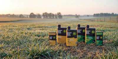 Every Man Jack's new Deere-branded bath products for men come in two scents: Iron Horizon, in yellow packaging for the company's construction equipment, and Steelwater Springs, in green for ag machines.