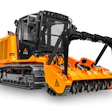 Orange and black tracked mulcher with hydraulic arm attachment for land clearing and forestry applications