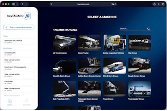 The heyTadano dashboard allows operators to select their machine to begin asking questions.