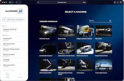 The heyTadano dashboard allows operators to select their machine to begin asking questions.