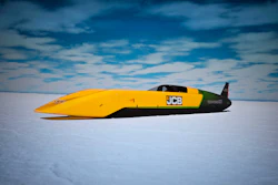 JCB's Hydromax car is equipped with two 800-horsepower hydrogen engines for attempting to break the world land-speed record in August at the Bonneville SpeedWeek.