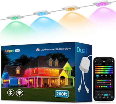 Lepro EEI Dual LED outdoor lights kit with 200ft range, app control, and multicolor lighting system displayed with smartphone interface and illuminated house