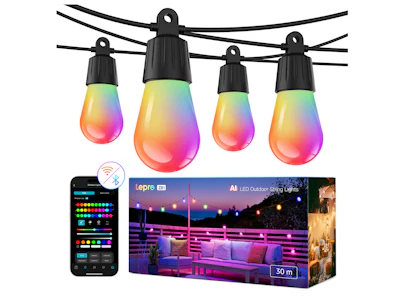 Lepro AI LED outdoor string lights with smart control app and 30m range product display