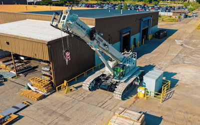 Link-Belt's new TCC-1800 telescopic crawler crane has a max working height of 314 feet when equipped with three 18-foot lattice extensions.