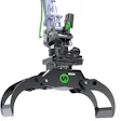 Black robotic claw gripper with green accents and mechanical arm assembly mounted on base