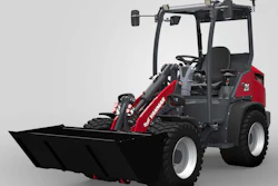 Red and black Manitou telehandler with front-mounted snow plow blade on gray background