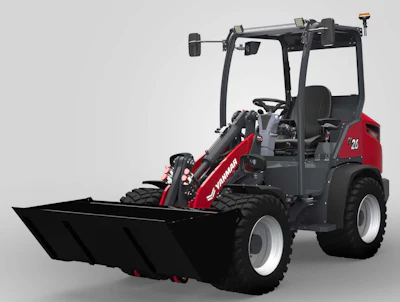 Red and black Manitou telehandler with front-mounted snow plow blade on gray background