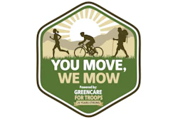 GreenCare for Troops logo: hexagonal badge with silhouettes of runner, cyclist, and hiker against sunrise landscape, green and tan colors, '20 Years Strong' tagline