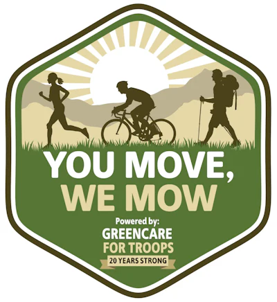 GreenCare for Troops logo: hexagonal badge with silhouettes of runner, cyclist, and hiker against sunrise landscape, green and tan colors, '20 Years Strong' tagline