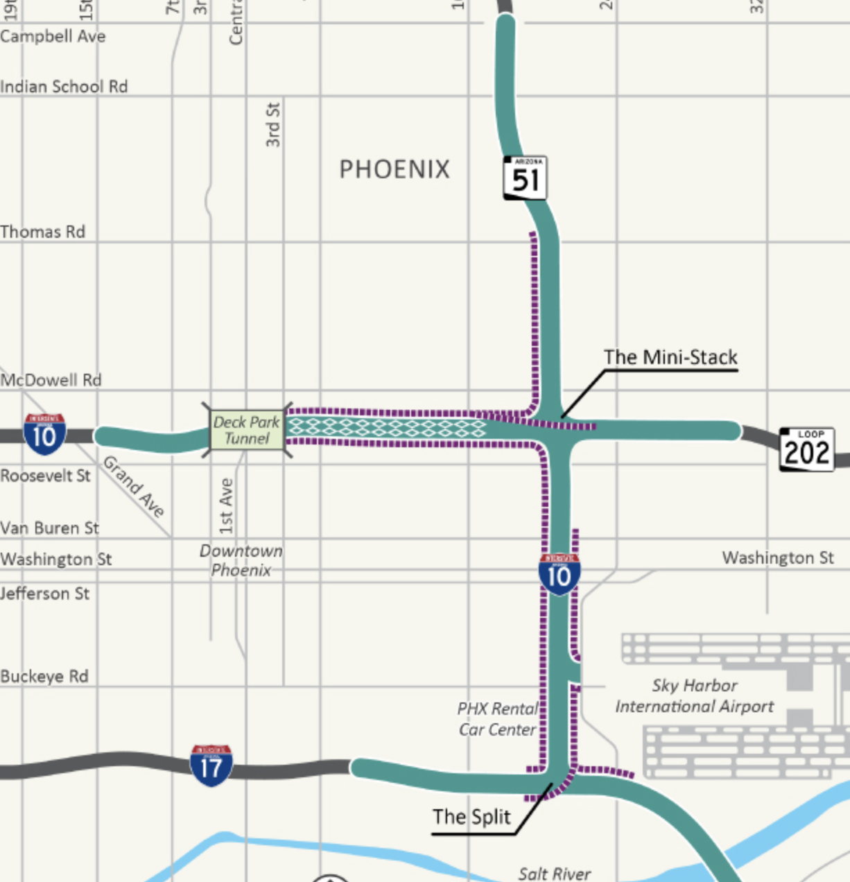 A map of a congested section of Interstate 10 in Phoenix, Arizona, slated for study.