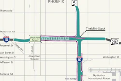 A map of a congested section of Interstate 10 in Phoenix, Arizona, slated for study.