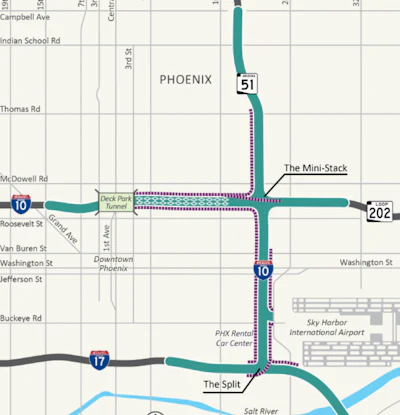 A map of a congested section of Interstate 10 in Phoenix, Arizona, slated for study.