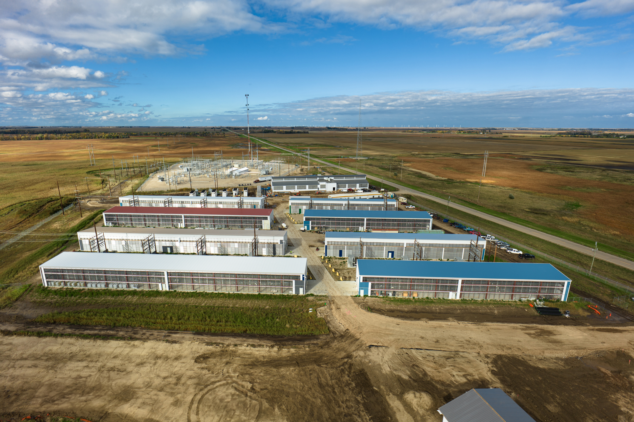 Aerial shot of a data center for cryptocurrency mining, cloud services and AI computing in Stutsman County, North Dakota.