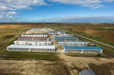 Aerial shot of a data center for cryptocurrency mining, cloud services and AI computing in Stutsman County, North Dakota.