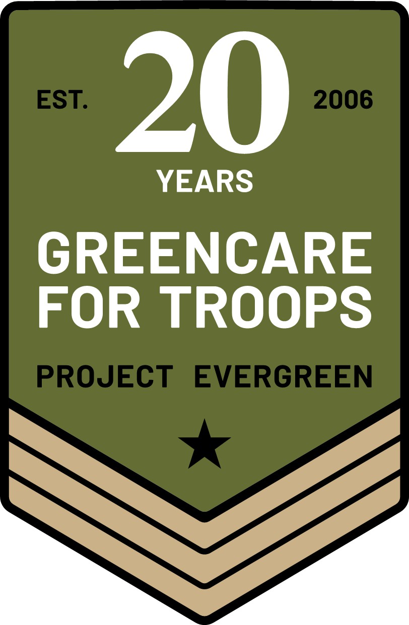 Greencare for Troops 20 Years anniversary badge, established 2006, Project Evergreen military support logo