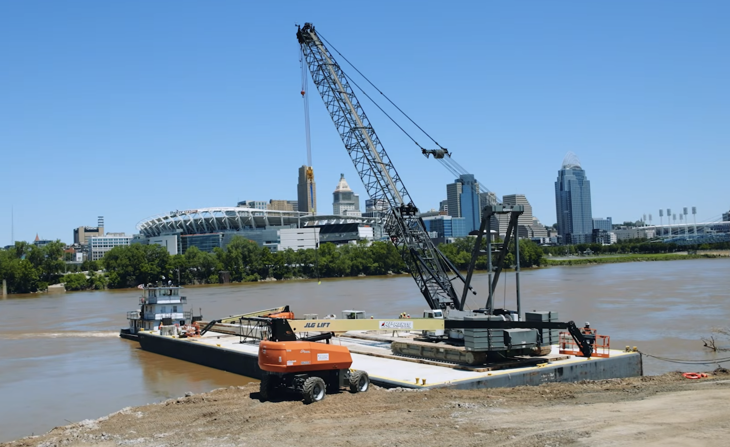 The Manitowoc 2250 lattice boom crawler crane that will begin working on the Brent Spence companion bridge.