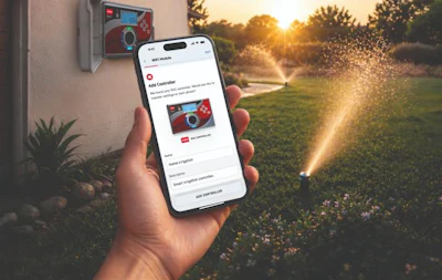 Hand holding smartphone displaying smart irrigation controller app with sunset sprinkler system watering lawn in background