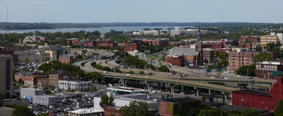 The I-81 and I-690 interchange in downtown Syracuse, New York.