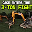 CASE heavy excavator equipment lineup featuring three compact and mid-size models in orange and black on green landscape