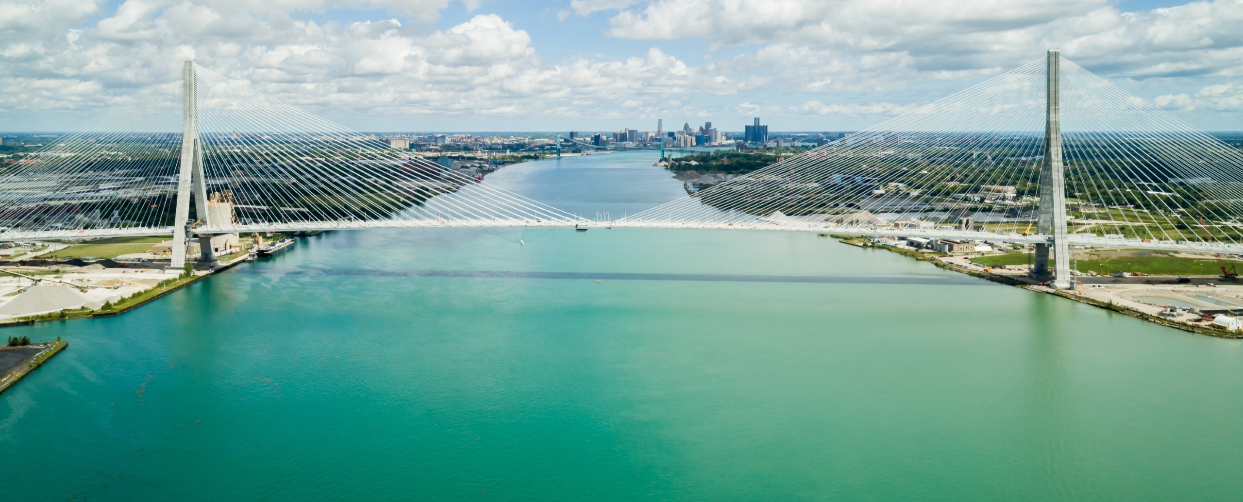 The finished Gordie Howe Bridge connecting Michigan and Ontario.