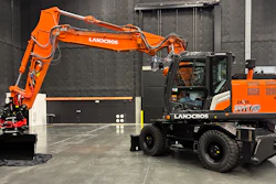 The new ZX180W-7 wheeled excavator is shown here with Landcros branding, which Hitachi plans to change to in April.