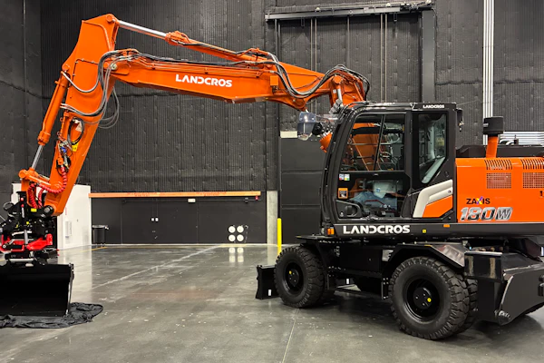 The new ZX180W-7 wheeled excavator is shown here with Landcros branding, which Hitachi plans to change to in April.