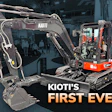 KIOTI mini excavator on display at trade show with text 'KIOTI's First Ever'