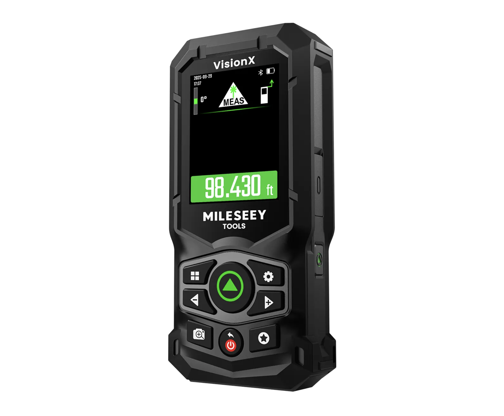 Mileseey VisionX laser distance meter displaying 99,430 feet measurement on black rugged device with green accents