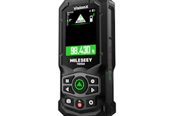 Mileseey VisionX laser distance meter displaying 99,430 feet measurement on black rugged device with green accents