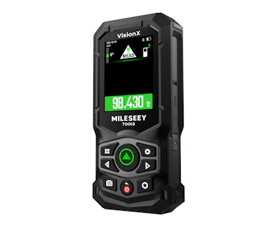 Mileseey VisionX laser distance meter displaying 99,430 feet measurement on black rugged device with green accents