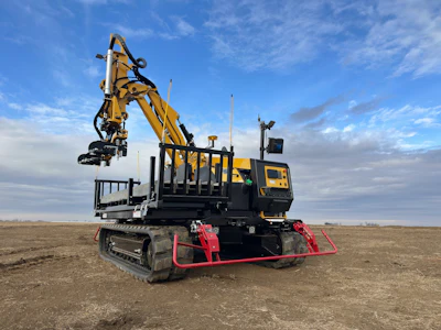 The MT500 material transporter is made specifically for moving W-beam piles on solar farm jobsites.
